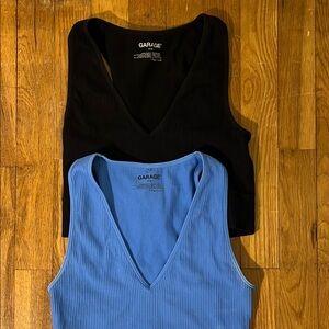 Garage Black and Blue Fitted Sleeveless Deep V Tank Tops